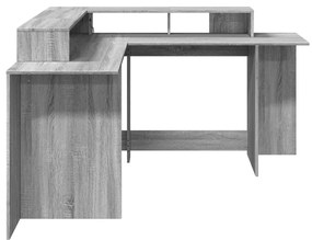 szürke sonoma színű szerelt fa LED-es íróasztal 152x152x91 cm