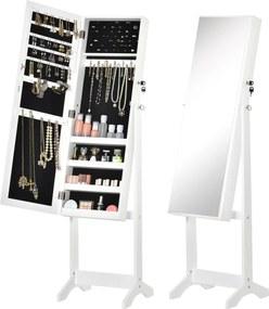 HOMCOM Álló Ékszertükör Szekrény 3 Állítható Szöggel, Magnetikus Zárral, Ékszer Szervező Polcokkal, Fülbevaló Fakkokkal, Gyűrű Horgokkal és Nyakláncok