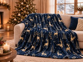 Sötétkék karácsonyi mikroplüss takaró GOLDEN DEER Méret: 150 x 200 cm