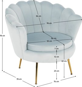 Fotel Art-deco stílusban, szürke-kék Velvet anyag/gold chróm-arany, NOBLIN