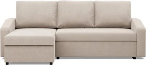 Zeus sarokkanapé, 2 ágyneműtartóval, döntött kartámasz, bársony, univerzális oldal, hab töltet, bézs