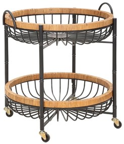 Kerek tálalókocsi fekete fém vázzal és rattan díszítéssel