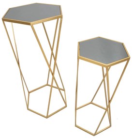 Hatszögletű Arany színű modern kisasztal szett tükör üveglappal – 2 db