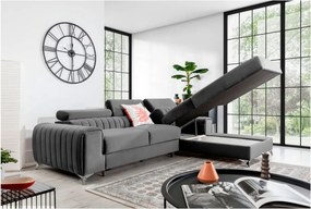 Szürke bársony kinyitható-tárolóhelyes sarokkanapé (jobb oldali-heverő résszel) Grayson – ELTAP