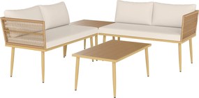 Outsunny 4 Részes Rattan Kerti Bútor Készlet, Kültéri Pihenő 2 Kétfős Kanapéval, 2 Kávézóasztallal és Mosható Párnákkal, Fémből, UV-álló, Természetes