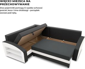 Grande sarokkanapé polcokkal , polc a bal karfaban, baloldali, szövet anyag, hab töltet, szürke - fehér