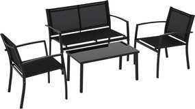 Outsunny 4 részes kültéri kert szett 2 székkel, 1 kétszemélyes kanapéval és fekete edzett üveg kávézóasztallal | Aosom