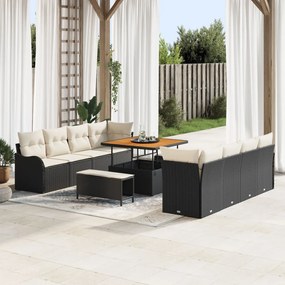 11 darabos Kerti Sofa Szett Párnákkal Fekete Poli Rattan Akáccal, 2-Fős Kert Sofa Párnákkal Fekete Poli Rattan, 3 darabos Kerti Étkező Szett Párnákkal Fekete Poli Rattan Akáccal