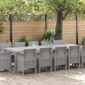 13 részes Kerti Étkező Szett Párnákkal Világosszürke Polirattan, Kerti Asztal Világosszürke 150x100x73 cm Polirattan, Kerti Székek Párnákkal 4 db Világosszürke Polirattan