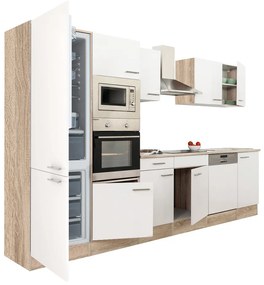Yorki 340 konyhablokk sonoma tölgy korpusz,selyemfényű fehér fronttal alulfagyasztós hűtős szekrénnyel