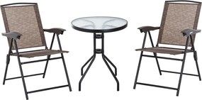 Outsunny Kerti Bútor Készlet Asztal és 2 Szék Kültéri Teraszra Összecsukható Szék 4 Szintű Dőlésszög Textilén Acél Váz Barna | Aosom