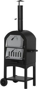 Outsunny 2 az 1-ben kültéri pizza sütő kerekekkel, BBQ grillező fedéllel, pizzakemence, 2 grillrács, grillező kocsi kéménnyel, 3 szintes fával működő