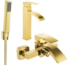 Mexen Libra R77 magas mosdó- és kádcsaptelep zuhanygarnitúrával, arany, 745113R77-50