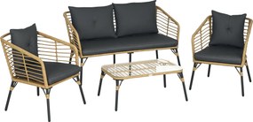 Outsunny 4 db-os Kerti Bútor Szett, Rattan Ülőgarnitúra Párnákkal, 3 Fotel és 1 Kávézóasztal, Balkoni Bútor Boho Stílusban 4 Személynek, Homok+Sötétsz