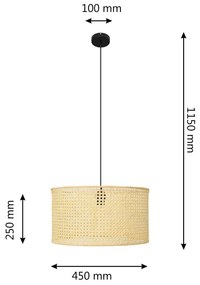 Csillár zsinóron ALBA 1xE27/15W/230V á. 45 cm rattan/fekete