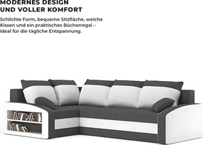 Grande sarokkanapé polcokkal , polc a bal karfaban, baloldali, szövet anyag, bonell töltet, szürke - fehér