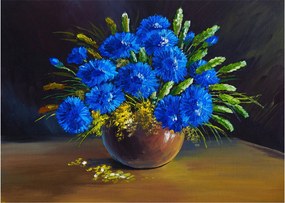 Kék virágok képe egy vázában (üvegen) (70x50 cm)