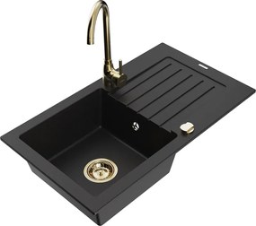 Mexen Pablo gránit mosogatótálca 1-medencés csepptálcával és Telma konyhai csapteleppel, fekete - 6510-77-670200-50