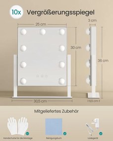 SONGMICS BERIT LED sminktükör, 3 fényszín, 10× nagyítás, 360°-ban forgatható, matt fehér
