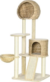 PawHut Macskafa, 150 cm, Macska Torony Macskaházzal, Mászófa Hintaággyal, Zsineg Karmolópókkal és Lejtővel, Karmolófa Alátét, Játékfa, Billenésvédővel
