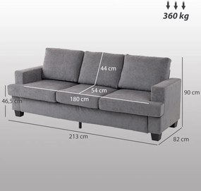 HOMCOM Kanapé, 3 személyes, szövet huzat, acél váz, kárpitozott, 213 x 82 x 90 cm, szürke