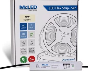 McLED LED szalag - készlet 5 m, 240 LED/m, WW, 6 W/m, DC 24V, 500 lm/m, CRI90, IP67, 10 mm, Vezető 3 m ML-126.034.90.S05001