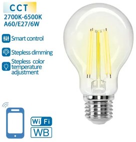 SMART WIFI-S FILAMENT LED IZZÓ 6W/E27/A60/ 2700-6500K ÁTLÁTSZÓ