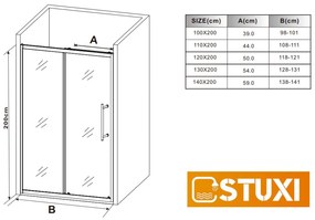 Stuxi Nizza Black 110 cm széles toló zuhanyajtó 6 mm vastag vízlepergető biztonsági üveggel, fekete elemekkel, 200 cm magas