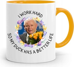 Sárga Vicces Bögre Jaroslaw Kaczynski felirattal, fényképpel