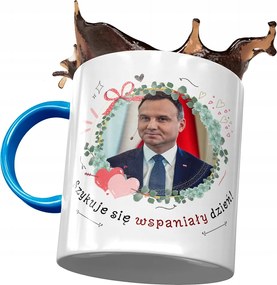 Kék bögre Andrzej Duda PiS elnök Ajándék Nyomtatott fényképpel