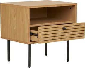 Kyoto lerakóasztal 1 fiókkal, tölgy furnér, natúr, fekete fém lábakkal, 50x40x50 cm