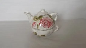 Domború mintás egyszemélyes teás,virágos bordó,kerámia,kézzel festett-2,5dl+2,5dl