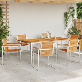 7 Részes Kerti Étkező Szett Tömör Fából Készült Tíkkal, Kültéri Étkezőasztal 180x90x75 cm Tömör Fából Készült Tíkkal