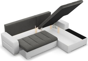 Toronto sarokkanapé, 2 ágyneműtartóval, bársony + műbőr, jobboldali, szürke - fehér