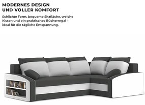 Grande sarokkanapé polcokkal , polc a bal karfaban, jobboldali, szövet anyag, hab töltet, szürke - fehér