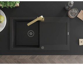 Mexen Leo, gránit mosogató 900x500x190 mm, 1 kamrás, fekete, fekete szifonnal és arany Rita mosogató csapteleppel, 6501-77-670300-50-B
