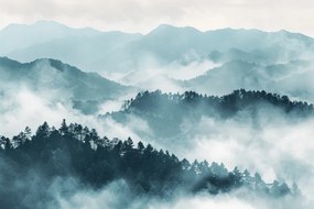 Fotótapéta Flizelina Tájkép Hegyek Erdő Fák Köd Szürke 416x290 ragasztó