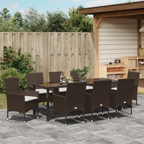 9 Darabos Kerti Étkező Szett Párnákkal Barna Poli Rattan, Kerti Asztal Fekete 200x80x73 cm Edzett Üveg