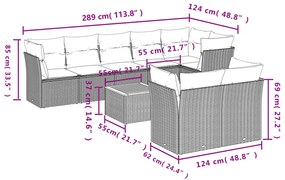 9 részes fekete polyrattan kerti ülőgarnitúra párnákkal