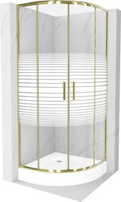 Mexen Rio, negyedkör alakú zuhanykabin 90(ajtó)x90(ajtó)x190 cm, 5 mm-es átlátszó üveg csíkokkal, arany profil + fehér zuhanytálca RIO, 863-090-090-5…