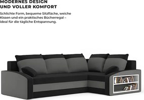 Grande sarokkanapé polcokkal , polc a jobb karfaban, jobboldali, szövet anyag, hab töltet, fekete - szürke