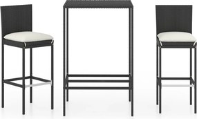 vidaXL 3 részes fekete polyrattan kültéri bárszett párnákkal