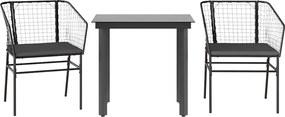 vidaXL 3 részes fekete polyrattan üveg kerti étkezőgarnitúra párnákkal