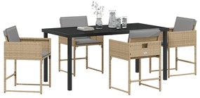 5 Darabos Kert Étkezőszett Párnákkal Bézs Poly Rattan, Kert Asztal Fekete 160x80x73 cm Edzett Üveg