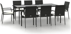 vidaXL 9 részes fekete polyrattan kerti étkezőgarnitúra párnákkal