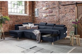 Sötétkék bársony kinyitható sarokkanapé (bal oldali-"U" alakú) Sweet Harmony – Miuform