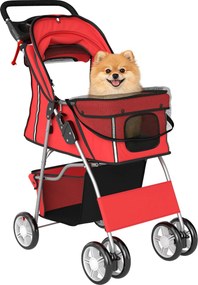 PawHut összecsukható kisállat-babakocsi kis kutyáknak és macskáknak — max. 10 kg, 360° forgatható kerekek, fékek, fényvisszaverő csíkok, tárolókosár,