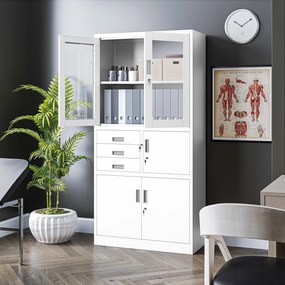 Fém iratszekrény széffel, vitrinnel és fiókokkal FILIP, 900 x 1850 x 400 mm, fehér