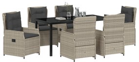 7 Darabos Kerti Étkező Szett Világosszürke Polirattan, Kerti Asztal Fekete 160x80x73 cm Edzett Üveg