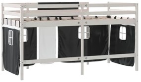 fehér-fekete tömör fenyő gyerek galériaágy függönnyel 80x200 cm